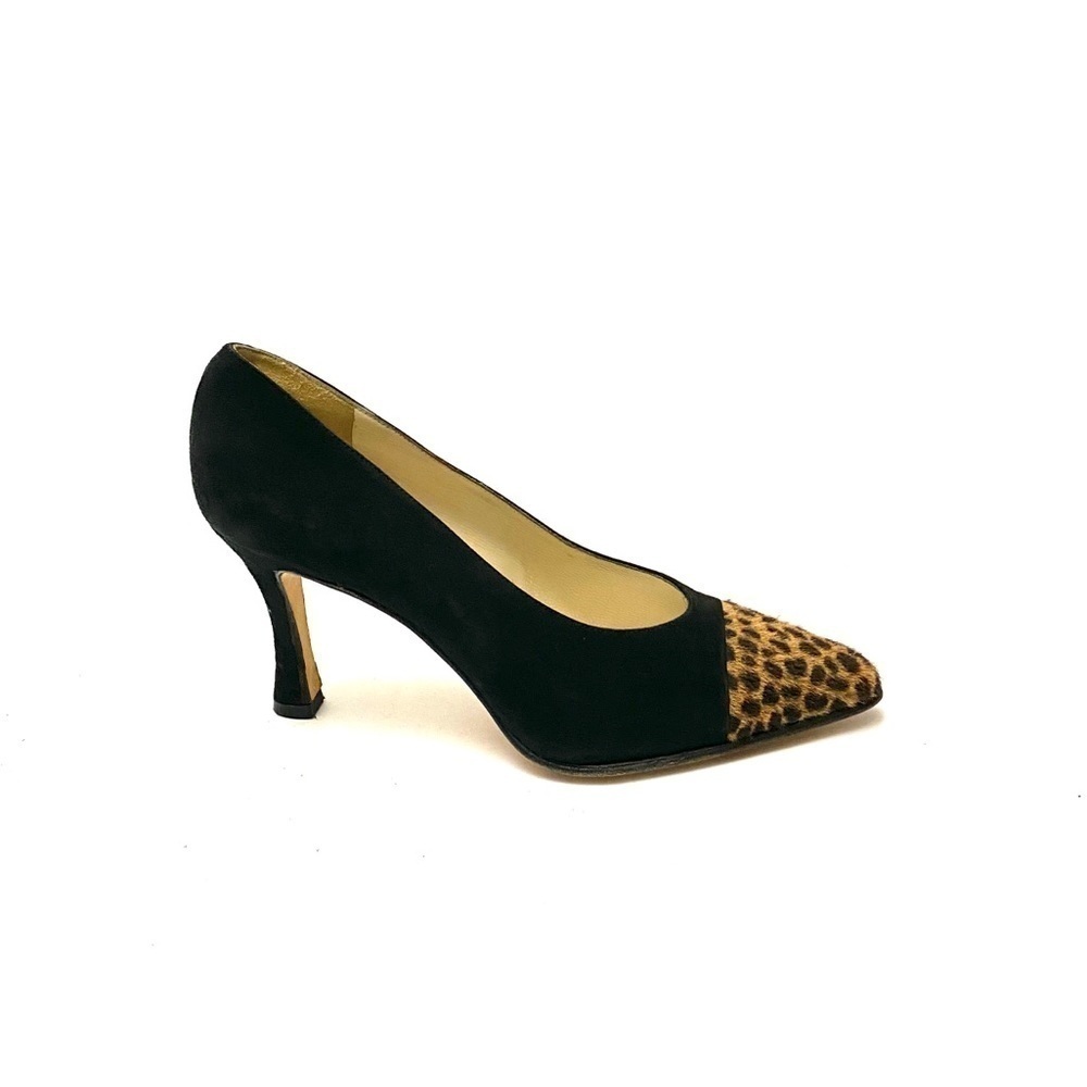 Vintage 1990s black suede cheetah print fur heels
